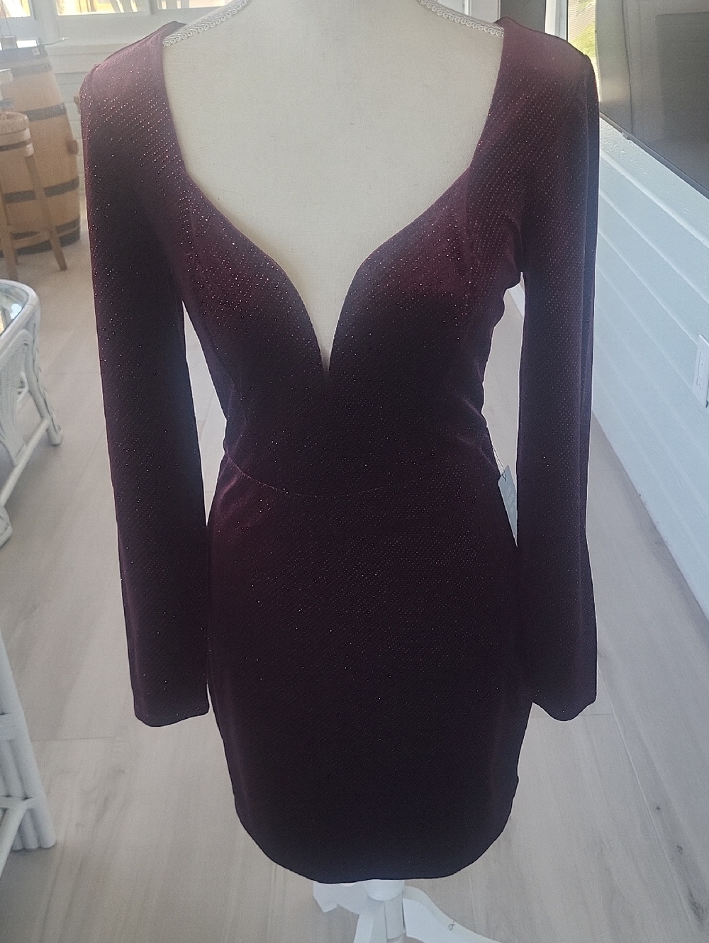 Express Burgundy Sparkle Long-Sleeve Bodycon Dress